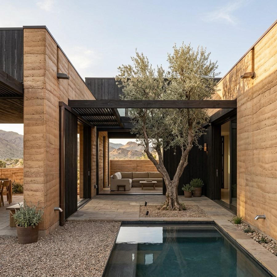 Rammed-earth desert house framing an olive tree and narrow reflecting pool in a shaded courtyard