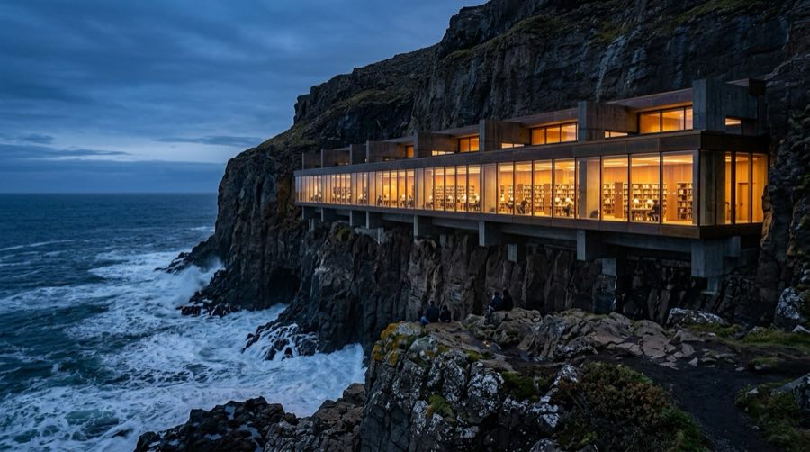 Long glass-fronted library glowing at dusk from a dark basalt cliff above a rough ocean