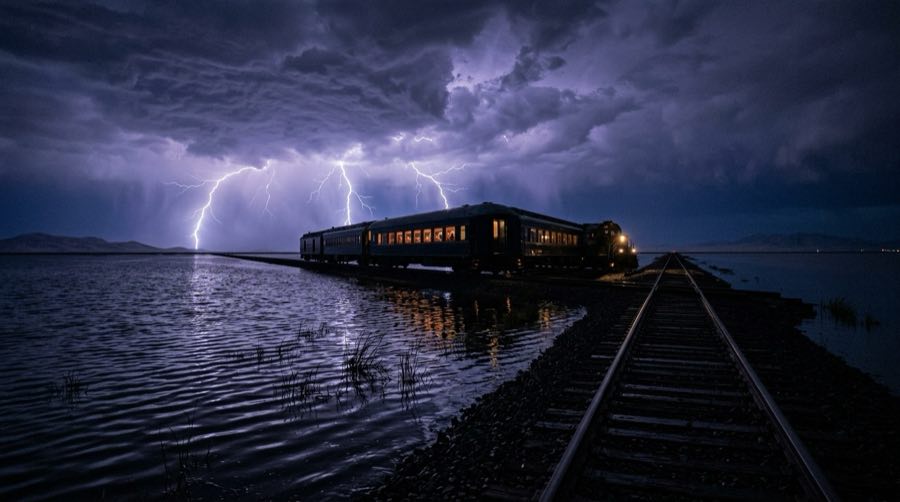Midnight train crossing flooded salt flats beneath violet storm clouds and forked lightning