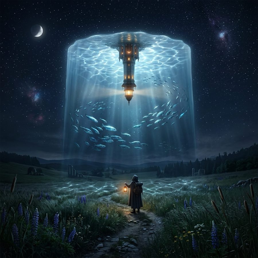Traveler with a lantern beneath a suspended vertical ocean containing fish and an upside-down lighthouse