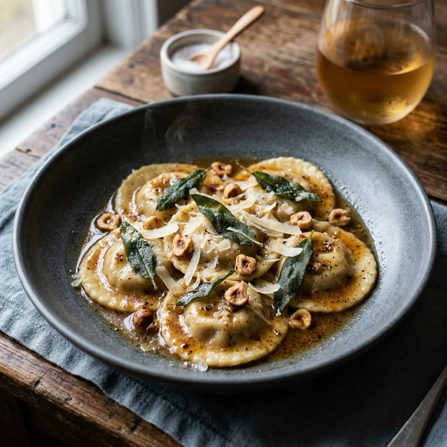 Mushroom ravioli with brown butter, fried sage, shaved cheese, and hazelnuts in a dark stoneware bowl