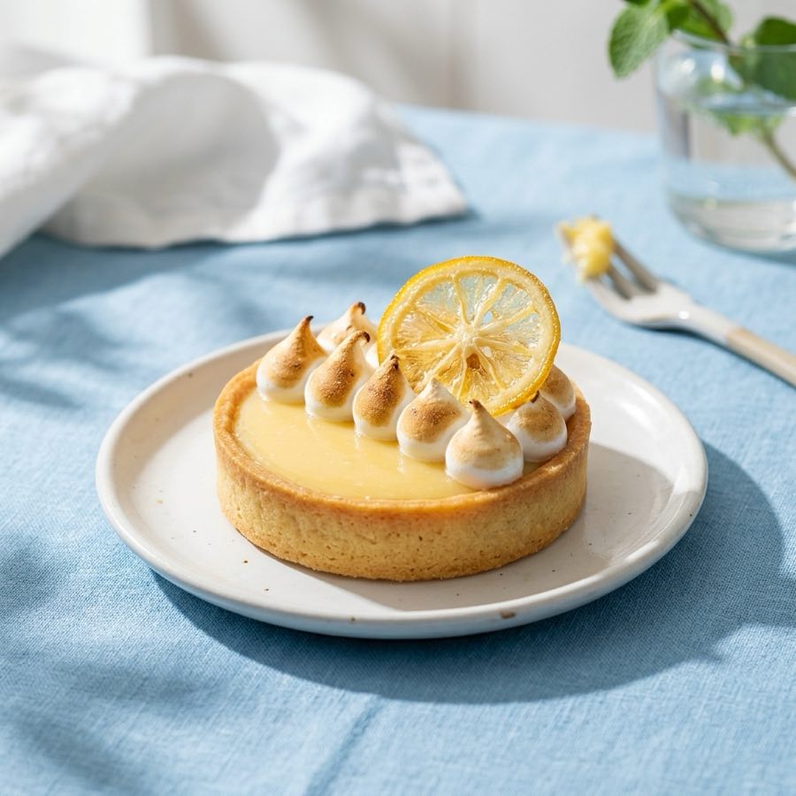 Yuzu tart topped with toasted meringue and a candied citrus wheel on a white plate and blue tablecloth