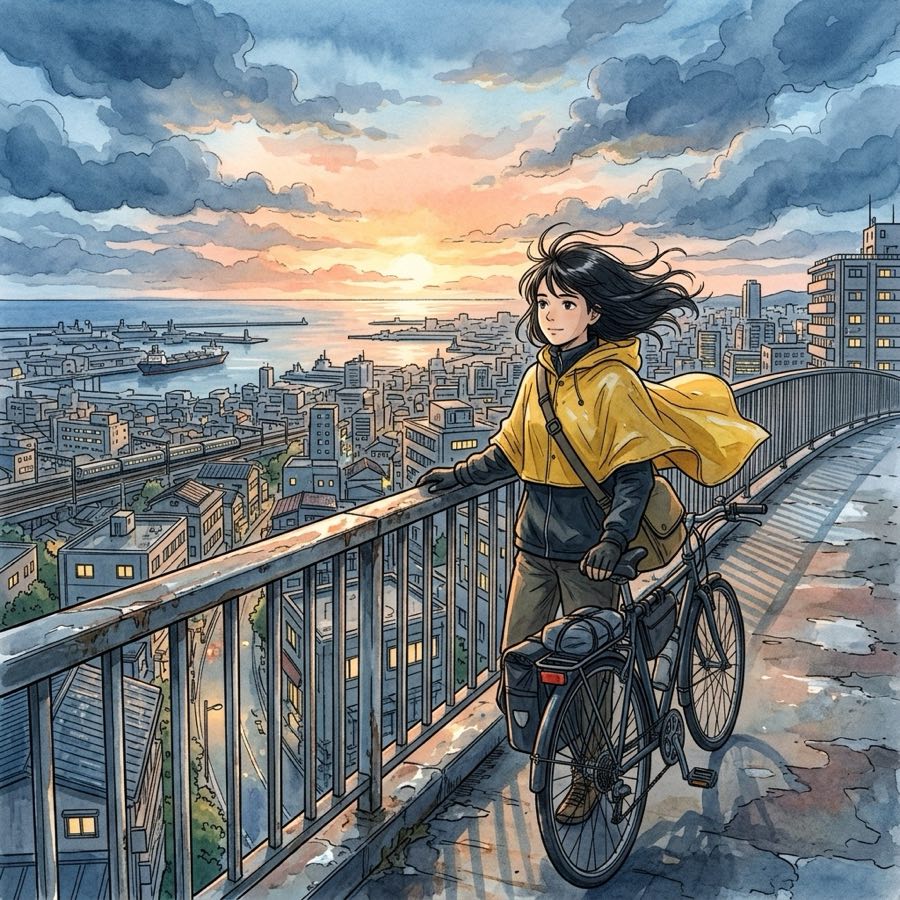Anime-style bicycle courier in a yellow rain cape overlooking a coastal city at sunrise