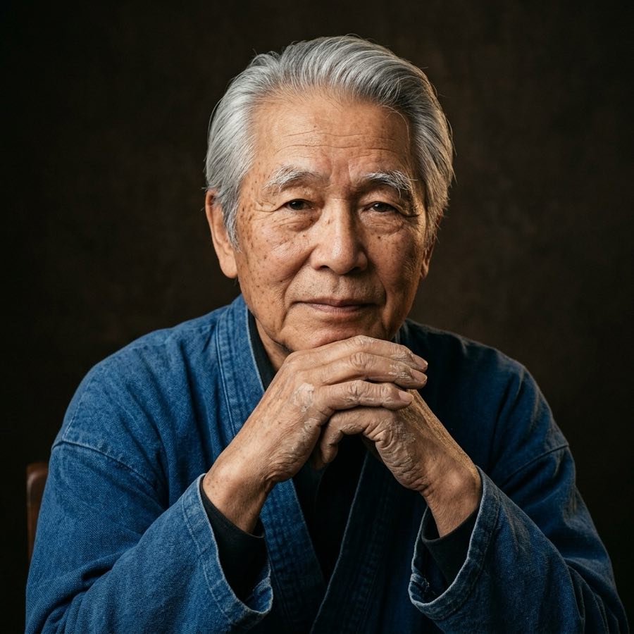 Elderly East Asian ceramic artist in an indigo jacket resting clay-dusted hands beneath his chin
