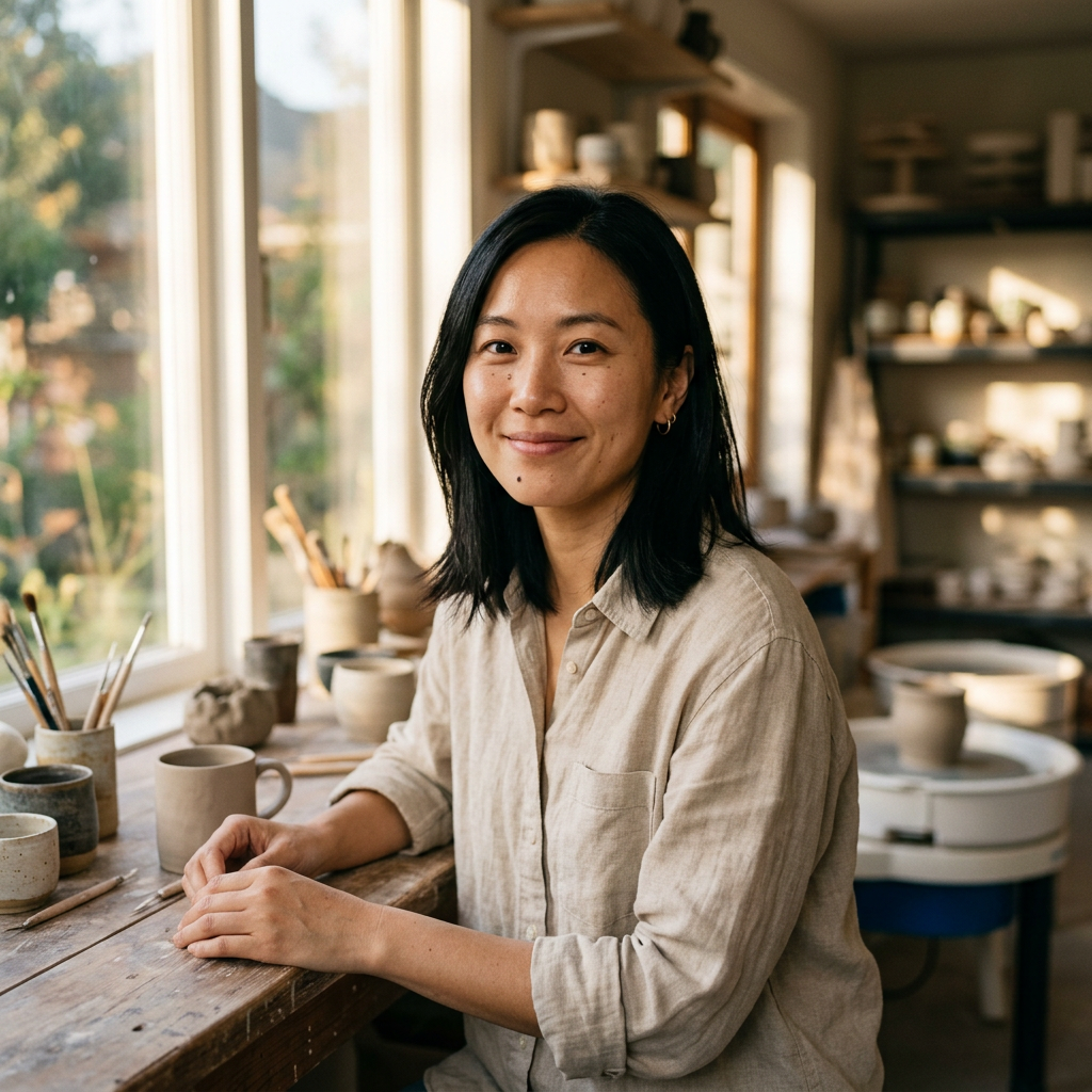 Close portrait of an East Asian woman in a beige linen shirt lit by warm window light in a ceramics studio