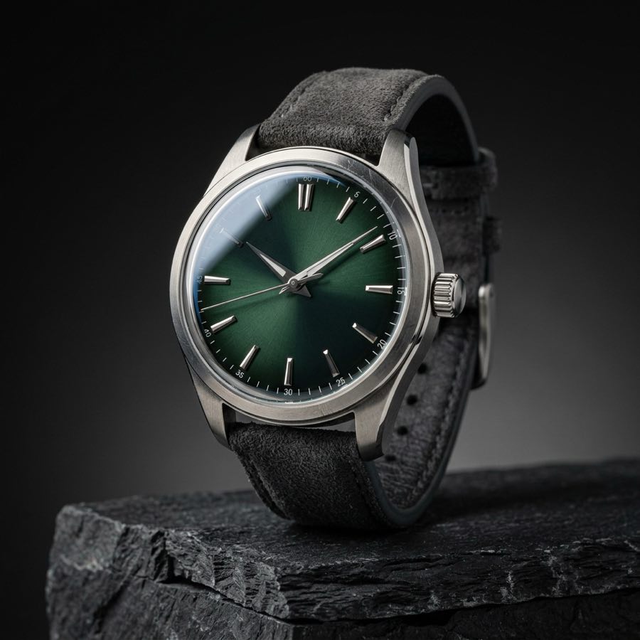 Brushed titanium wristwatch with a green dial and charcoal suede strap standing on dark slate