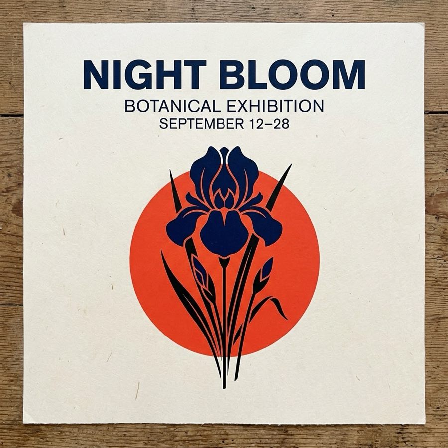 Night Bloom botanical exhibition poster with a navy iris, vermilion circle, and clearly printed dates