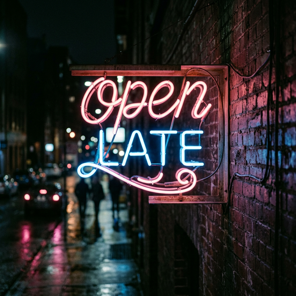 Vintage neon sign reading OPEN LATE in pink and blue cursive script on a brick wall at night